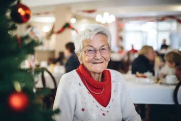Portrait of a smiling senior woman in nursing home decorated for Christmas