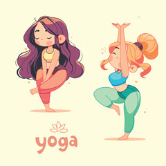 Cute cartoon girls doing yoga