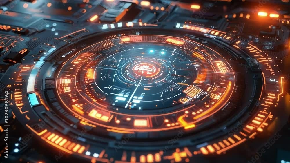 Poster futuristic quantum processor with glowing circuits is performing complex calculations, showcasing th