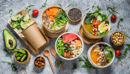 Colorful assortment of healthy meals served in bowls and containers on a textured surface