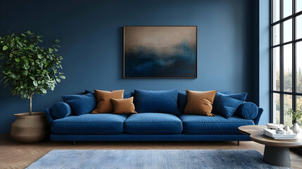 Cozy blue living room with modern decor and artwork.