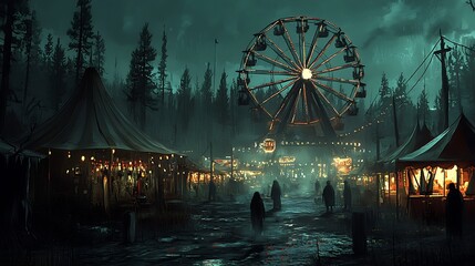 A haunted carnival at night, cartoon style, with a broken Ferris wheel in the background and flickering lights along the pathways. Ghostly figures drift around the tattered tents and booths,