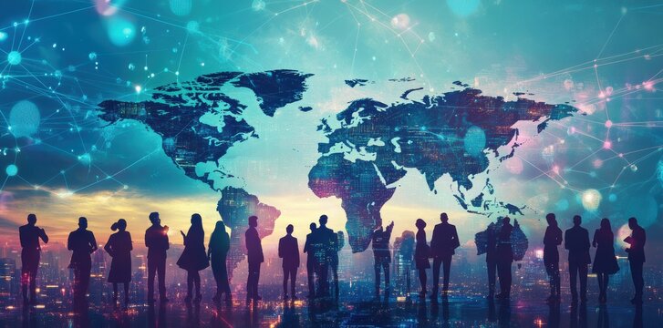 Silhouettes of business people standing in front of a world map with a network of connections.