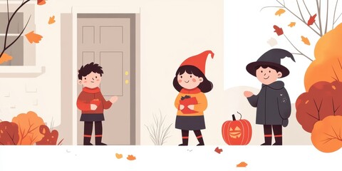 Children dressed in costumes celebrate Halloween with pumpkins and autumn leaves in a cheerful neighborhood setting.