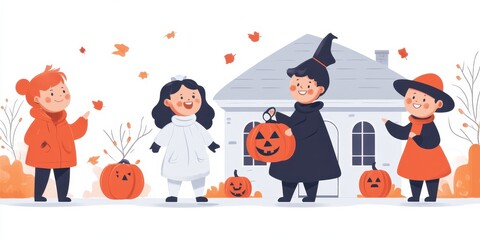 Naklejka premium Children in Halloween costumes celebrate with pumpkins, creating a festive autumn scene filled with joy and creativity.