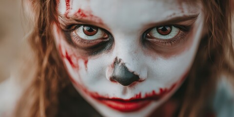 Close-up of a child's face with intricate makeup, featuring whimsical elements that evoke a spooky, playful atmosphere.