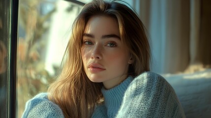  kobieta, piękna, długie włosy, proste włosy, naturalne światło, fotografia portretowa, Canon EOS R5, przysłona f/1.6, stock photo, casual, niebieski sweter, siedzenie przy oknie, spokojny wyraz twarz