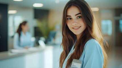 recepcjonistka, medyczne centrum, kobieta, brązowe włosy, uniform, recepcja, stock photo, Canon EOS R3, przysłona f/1.8, profesjonalna fotografia, uśmiech, europejka, pracownica, biuro, pomoc, medycyn