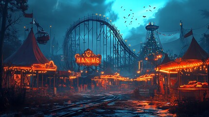 A haunted carnival illustration, cartoon style, with a broken roller coaster track, abandoned food stalls, and tattered tents. Eerie lights illuminate the area,