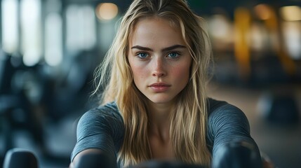 Naklejka premium kobieta, trening, siłownia, blondynka, sportowy strój, ćwiczenie, stock photo, Canon EOS R3, przysłona f/2.0, nowoczesna siłownia, aktywność fizyczna, fitness, kobieta w ruchu, trening siłowy, zdrowy,