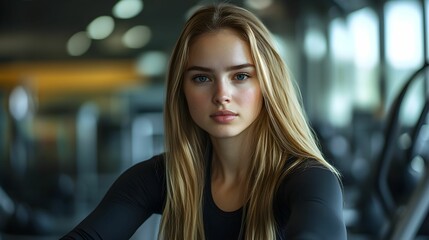 Naklejka premium kobieta, trening, siłownia, blondynka, sportowy strój, ćwiczenie, stock photo, Canon EOS R3, przysłona f/2.0, nowoczesna siłownia, aktywność fizyczna, fitness, kobieta w ruchu, trening siłowy, zdrowy,