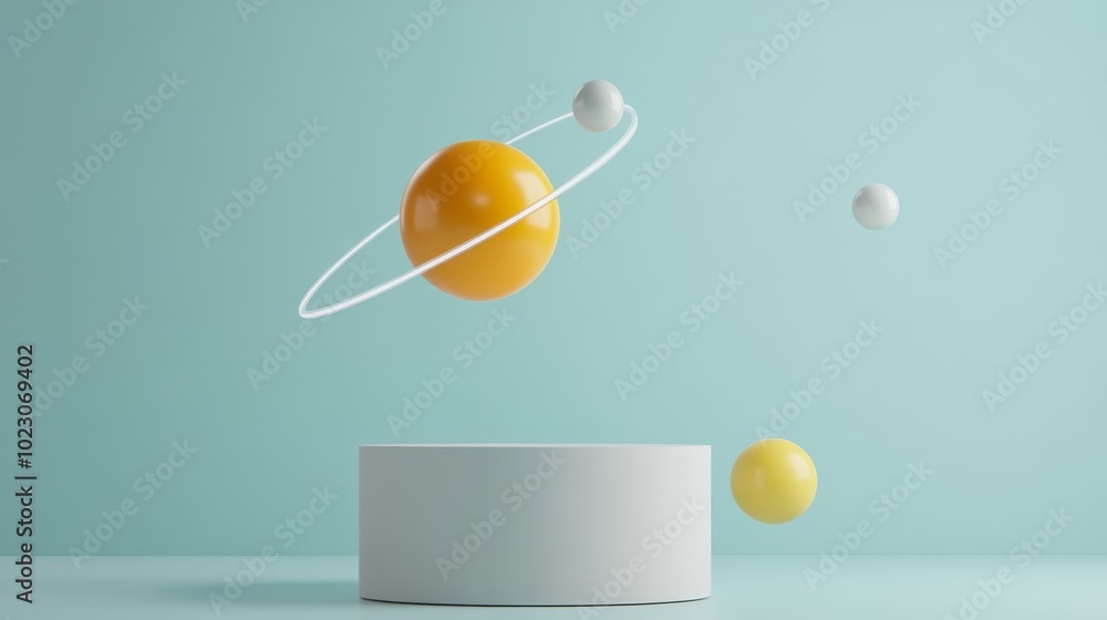 Sticker A 3D  featuring a floating yellow sphere with orbiting rings. The sphere hovers above a white cylindrical pedestal, against a minimalist blue background. Minimalism, geometry, abstract, 3D, digital ar