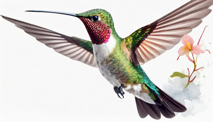 A vibrant, hovering hummingbird with iridescent feathers near delicate flowers captured in bright daylight at a tropical location