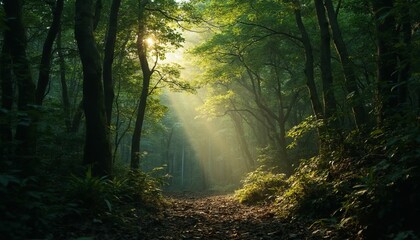 Misty Forest Trail With Sunlight And Moss-Covered Trees