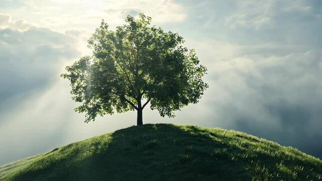 A single tree stands tall on a grassy hill, with sunbeams peeking through the clouds