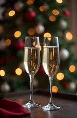 Two glasses of champagne against the background of a Christmas tree. Glasses of sparkling wine on a blurred background with highlights.
