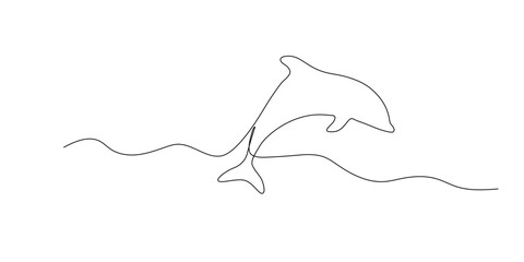 Dolphin one continuous line vector doodle drawing. Sea animal icon