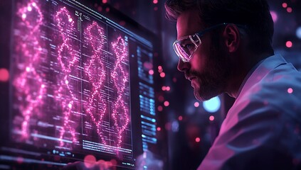 A scientist analyzes data on a glowing screen, showcasing advanced research in a lab setting.
