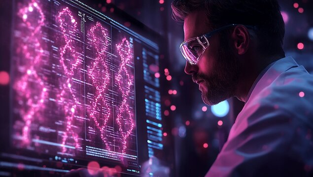 A scientist analyzes data on a glowing screen, showcasing advanced research in a lab setting.