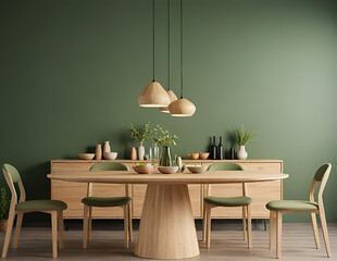 Modern dining room interior design, wooden table and chairs against wall with sideboard, 3D rendering