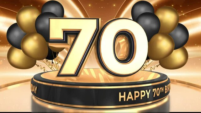 70 years, 70th birthday loop, looped video background, backdrop in 3D Gold with balloons

