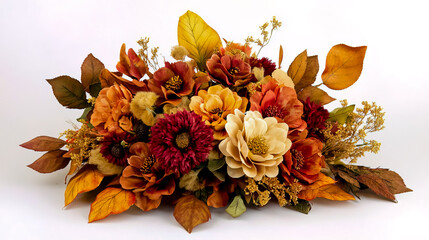 A delicate yet vibrant autumn bouquet, featuring a mix of warm-toned flowers and foliage in shades of deep red, orange, and golden yellow.