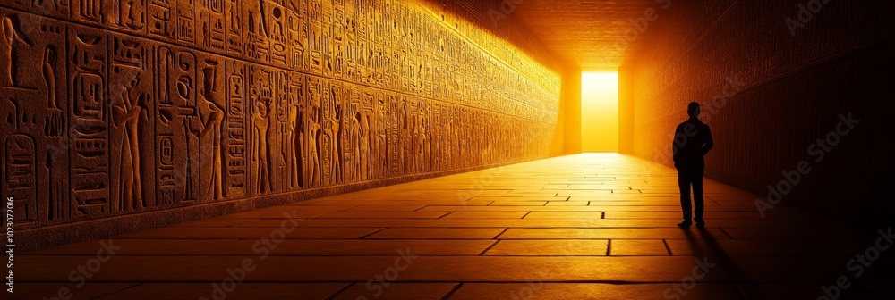 Sticker A lone figure walks towards a bright light at the end of a long golden hallway. The hallway is decorated with ancient hieroglyphs, symbolizing history, mystery, faith, hope, and destiny.