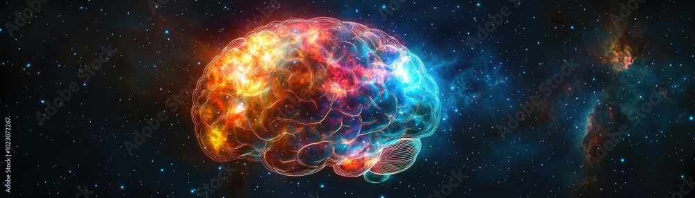 Poster a vibrant representation of a brain illuminated by cosmic colors, symbolizing creativity, intelligen