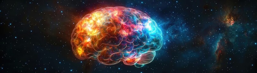 A vibrant representation of a brain illuminated by cosmic colors, symbolizing creativity, intelligence, and the universe's mysteries.