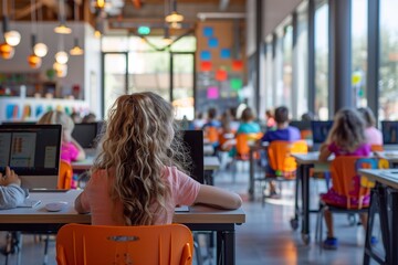Students work diligently at their desks in a bright, modern classroom, focusing on their tasks amid cheerful surroundings
