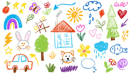 Kids drawing illustration. Collection of cute children's drawings of kids, animals, nature, objects. Hand drawn doodle color pencil naive sketch children cute vector school chalk background. Vector