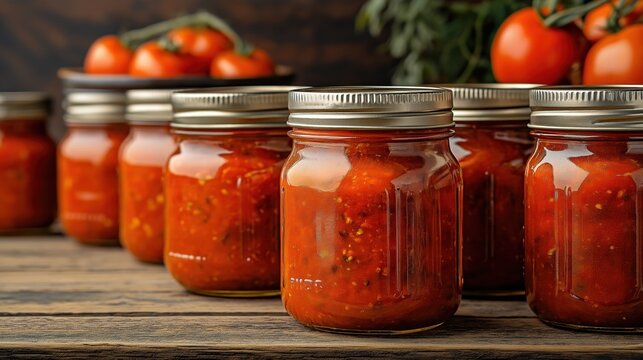 Jars of homemade tomato sauce are neatly arranged on a wooden table with fresh tomatoes in the background, showcasing a rustic kitchen setting for canning and preserving.