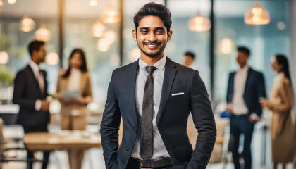 Young businessman smiling confidently in a modern office during a team meeting while colleagues collaborate in the background