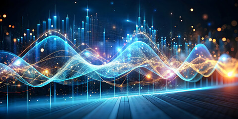 Glowing Abstract Digital Wave Transforming into Marketing Analytics Dashboard - Visualizing Data Flow and Insights in Digital Marketing