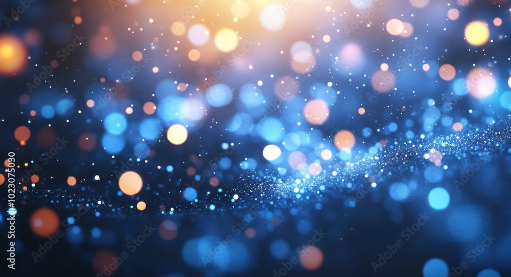 Poster bright and colorful abstract background featuring glowing blue and orange bokeh lights, creating dre