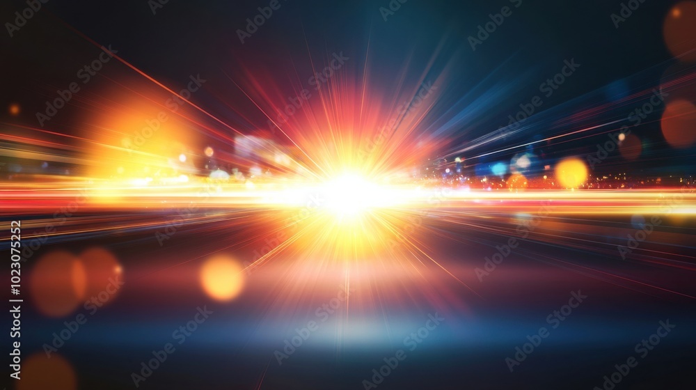 Poster bright light bursts create abstract lens flare effect, illuminating scene with vibrant colors and dy