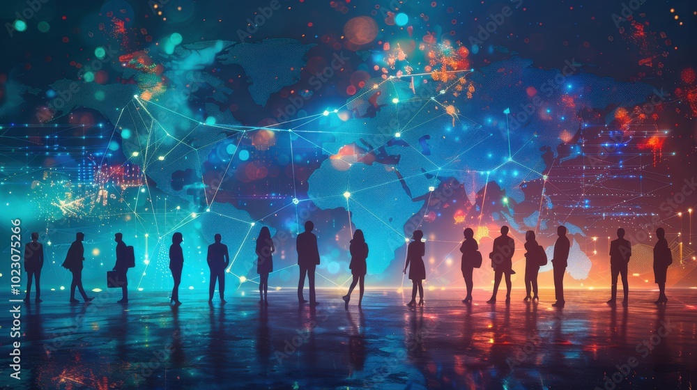 Poster silhouettes of people standing in front of a digital world map with glowing lines, representing glob