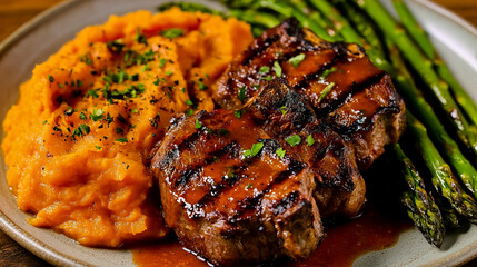 A plate of lamb chops covered in a sweet red honey sauce, served alongside creamy garlic sweet potato mash.