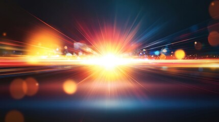 Bright light bursts create abstract lens flare effect, illuminating scene with vibrant colors and dynamic motion. This captivating visual evokes sense of energy and excitement