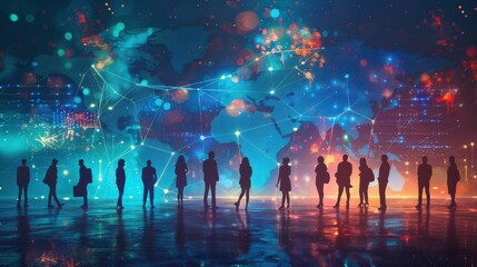 Silhouettes of people standing in front of a digital world map with glowing lines, representing global connections and communication.