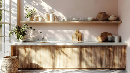 Modern kitchen with wooden cabinetry and natural decor elements.
