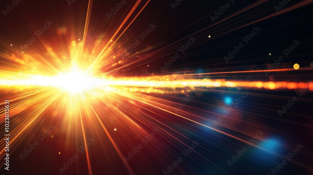 Poster bright and vibrant lens flare with glowing light rays radiating outward, creating dynamic and energe