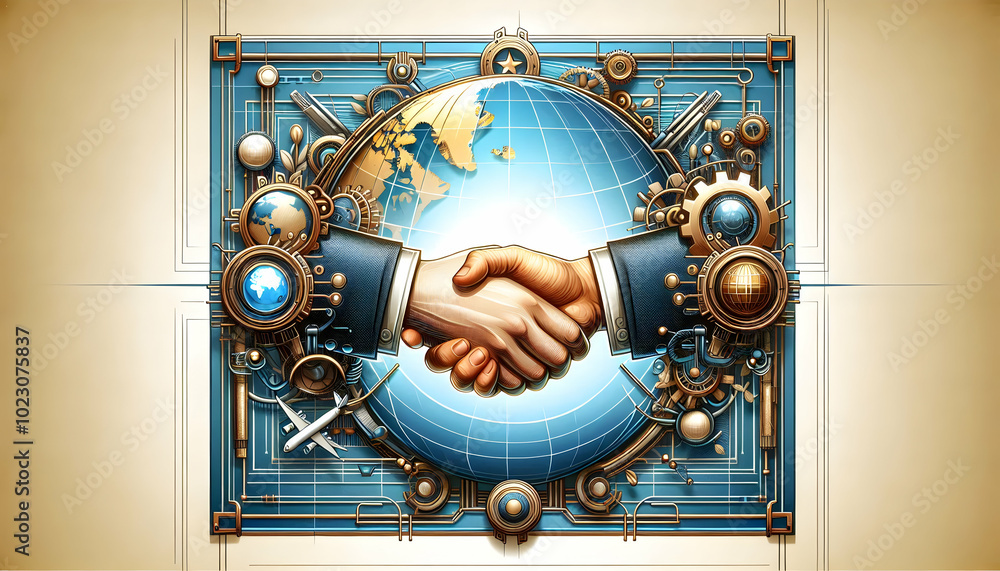 Aufkleber border frame design featuring handshake and globe, ideal for emphasizing global partnerships and col