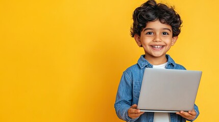 A cheerful boy holds a laptop, smiling brightly against a vibrant yellow background, showcasing joy and technology in childhood.