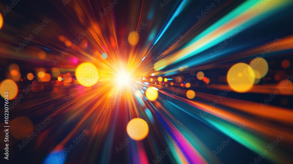 Poster vibrant light rays burst through dark background, creating stunning visual effect with glowing orbs 
