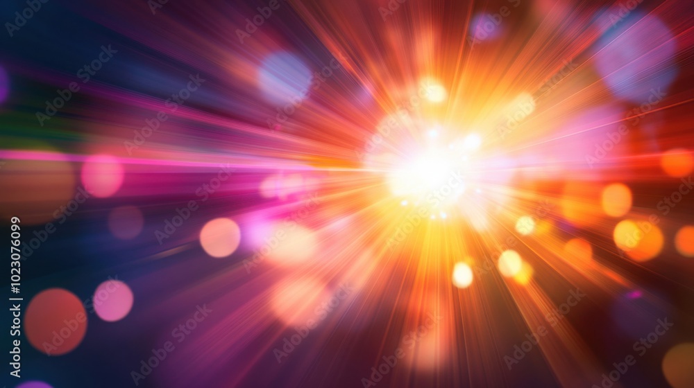 Poster bright and colorful lens flare with glowing light rays radiating outward, creating vibrant and dynam