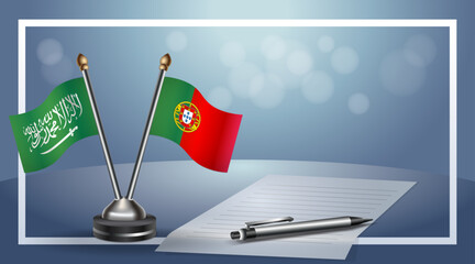 Saudi Arabia and Portugal Small national flag on bokeh background, cooperative relationship