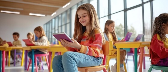 A cheerful girl using a tablet in a bright classroom filled with students engaged in digital learning and collaboration.