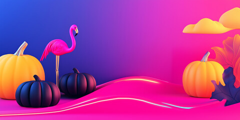 Cute halloween or thanksgiving illustration of colorful 3d pumpkin with bright pink flamingo