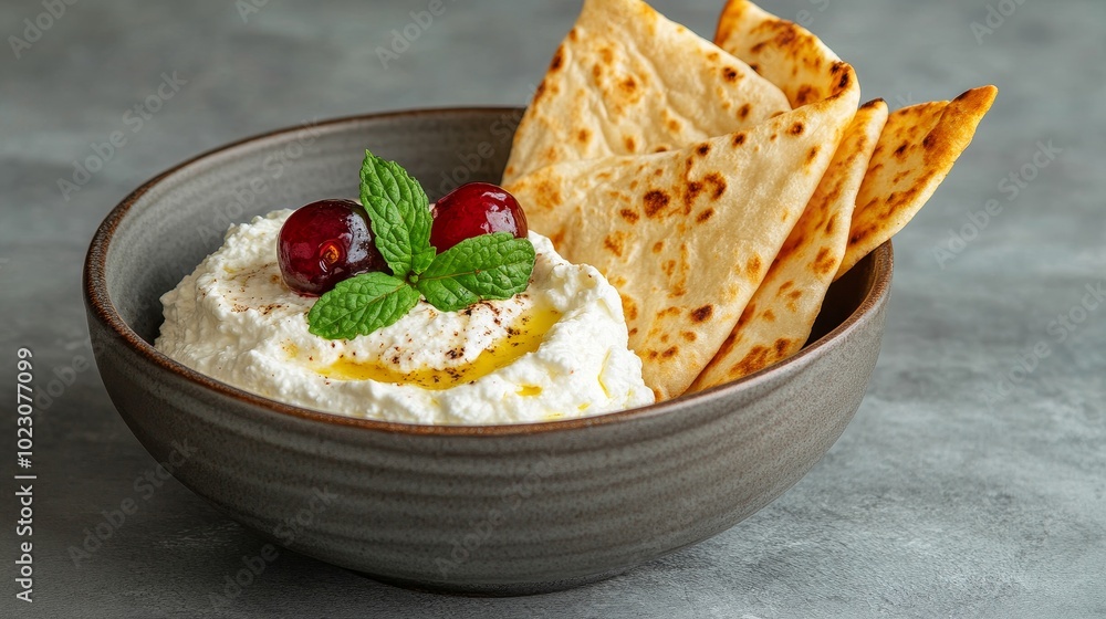 Wall mural Creamy ricotta cheese topped with grilled cherries and a drizzle of olive oil, served with warm flatbread. A light and refreshing appetizer or dessert.